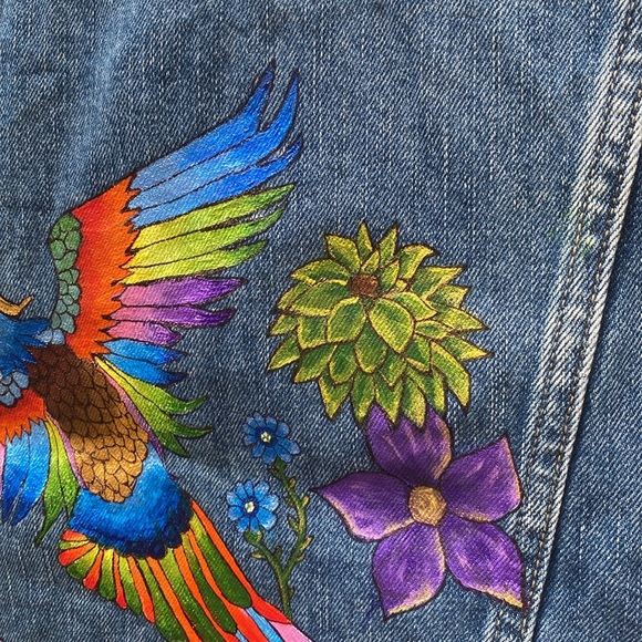 Lucky Brand Tomboy Trucker Jean Jacket Medium Hand Painted Bird Crane Flowers - Picture 5 of 15